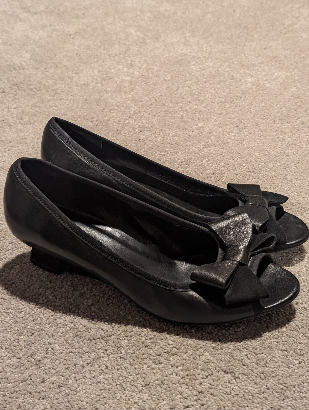 Vaneli Black Open-Toe Leather Mini Wedge Flats with Bow Accent Heel
